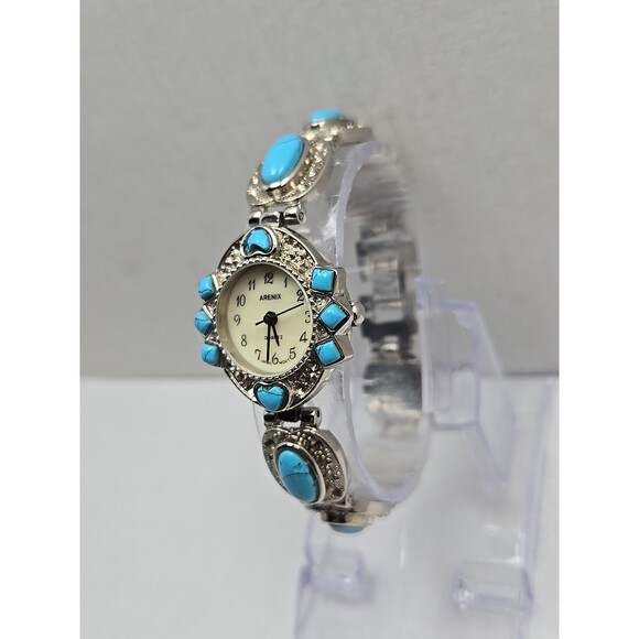 Arenix Turquoise Inlay Bracelet Watch Quartz New Battery Silver Tone Ladies 25mm - Picture 2 of 10